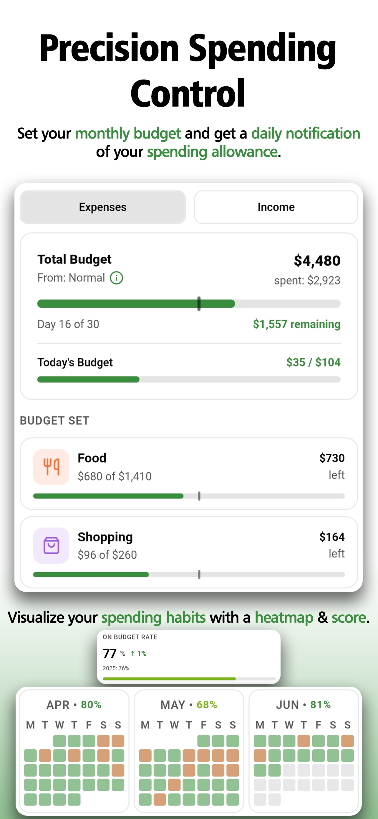 Budget screen with daily allowance and a spending heatmap