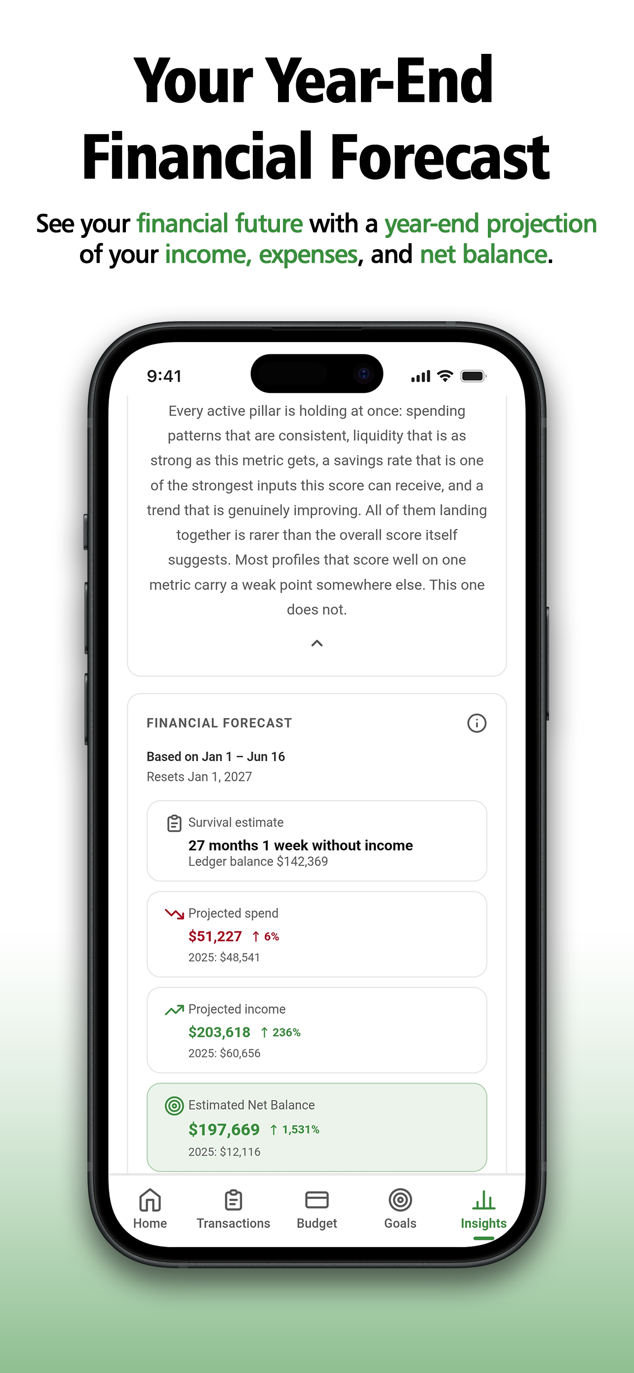 Financial forecast with projected spend, income, net balance and survival estimate