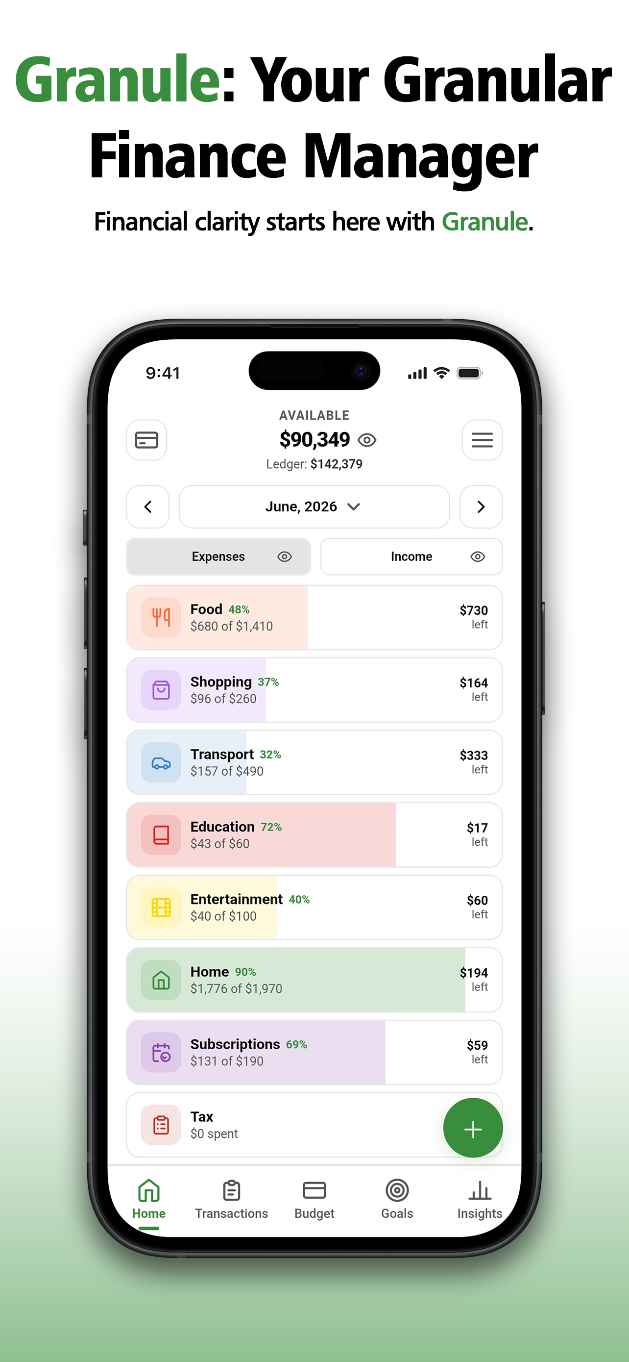 Granule home screen showing available balance and category budgets