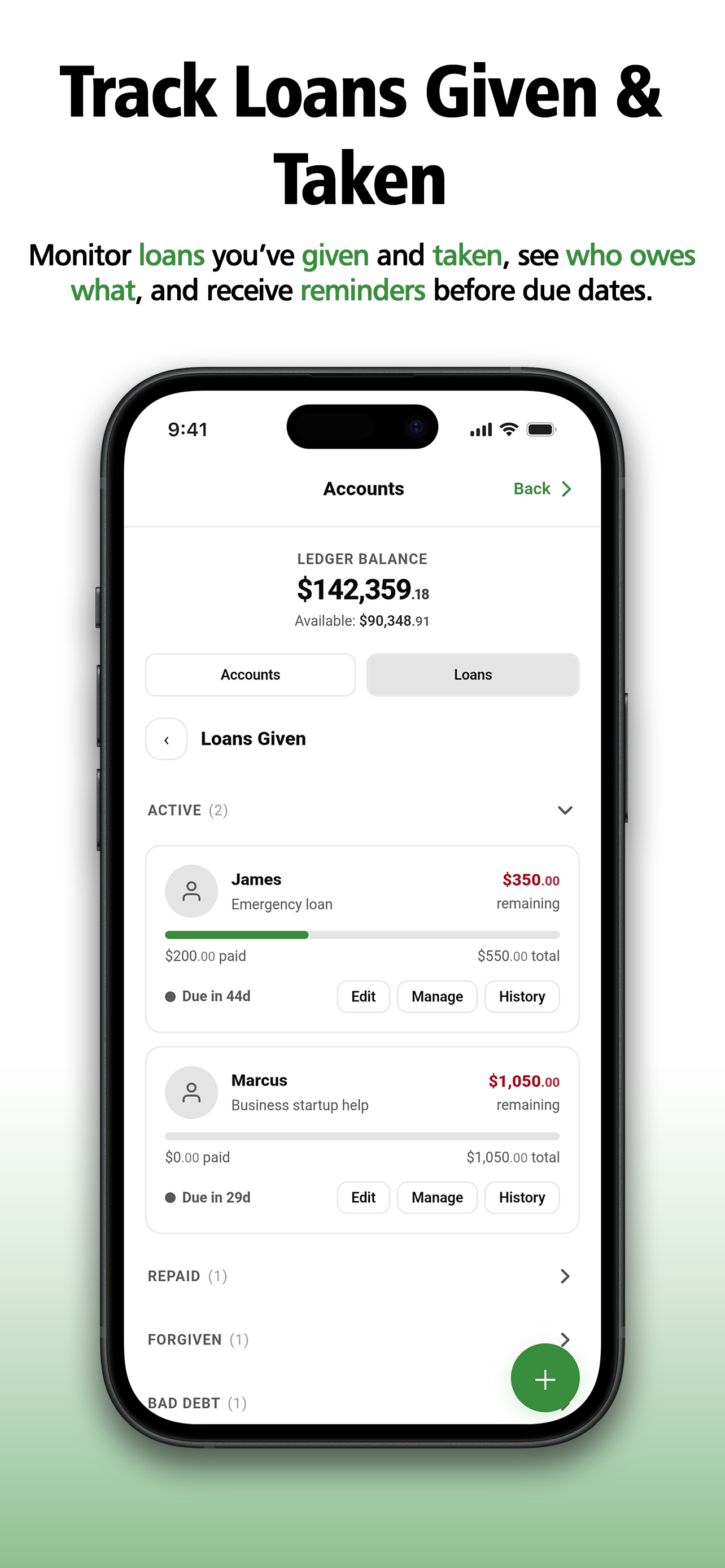 Loans given screen with active loans, progress and due dates